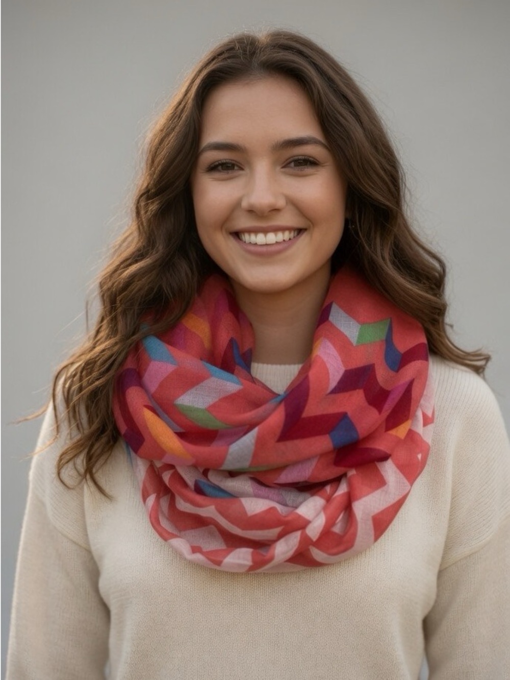 Coral Red Multi Color Chevron Lightweight Infinity Scarf